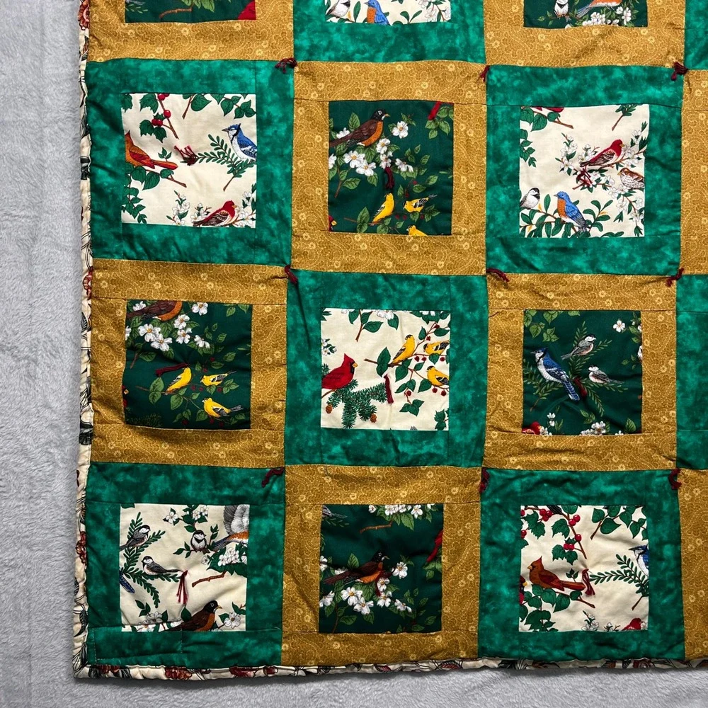 Handcrafted Bird Patchwork Tied Quilt 52x34 Green Gold Floral Reversable